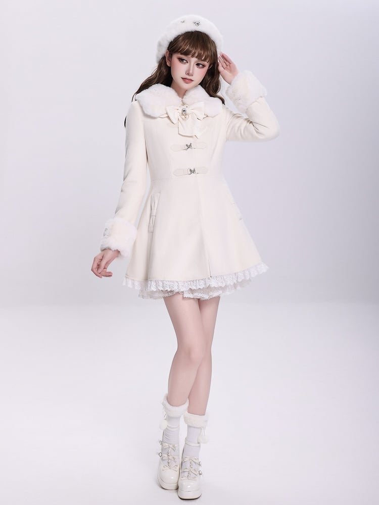 Creamy Jirai Kei Butterfly Buckles Closure Coat with Detachable Plush Collar and Cuffs