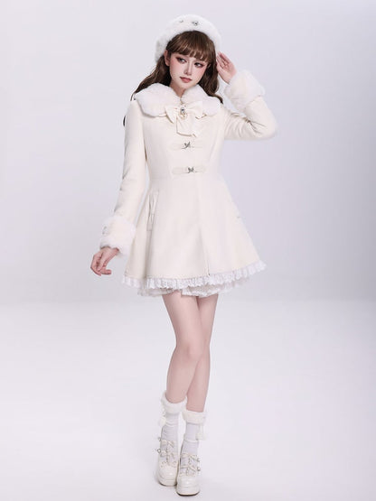 Creamy Jirai Kei Butterfly Buckles Closure Coat with Detachable Plush Collar and Cuffs