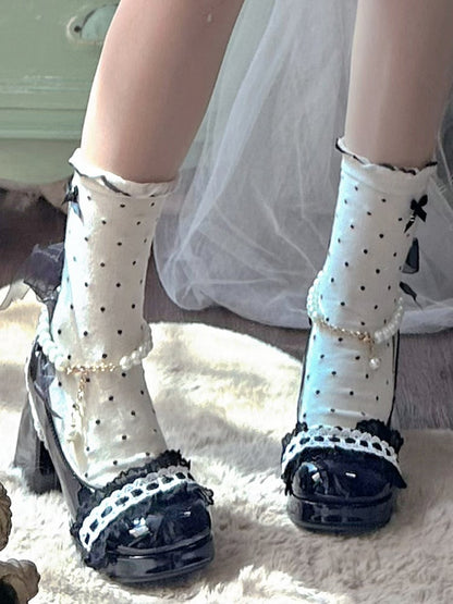 Black Bow Accent Detachable Beaded Chain Lolita Block Heels