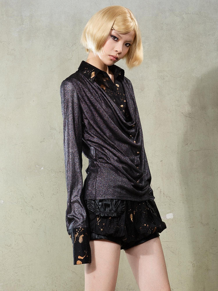 Black Y2K Punk Rock Faux Two-Piece Shirt with Splatter Print