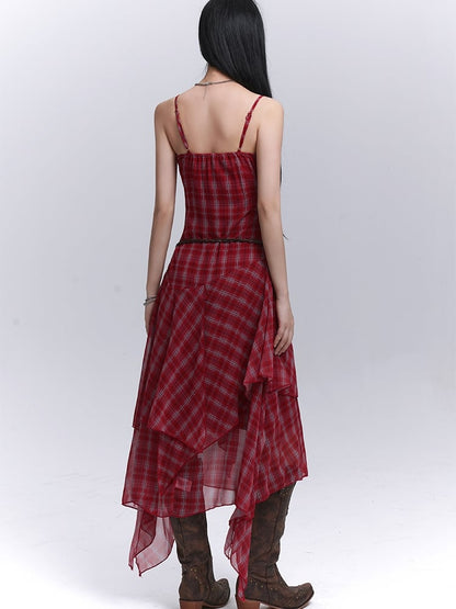 Red Plaid V-Neck Handkerchief Hem Cami Dress
