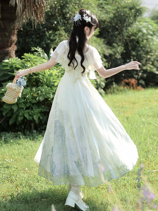 Hydrangea Print White Elegant Classic Lolita Dress with Lace Shawl