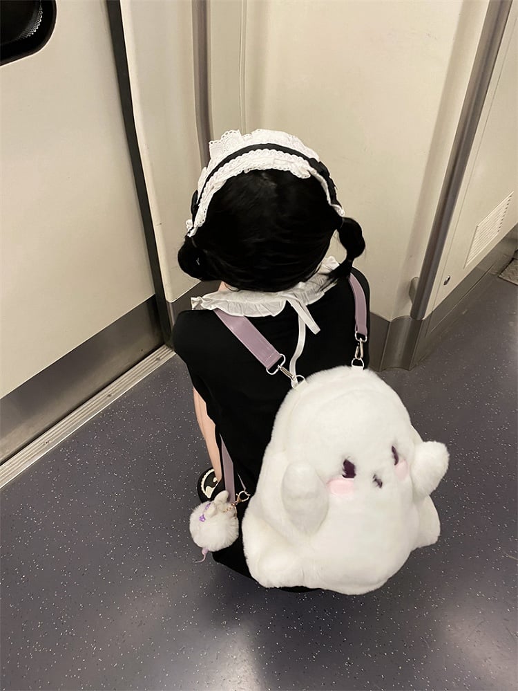 White Ghost-shaped Fleece Backpack With Taro Purple Straps