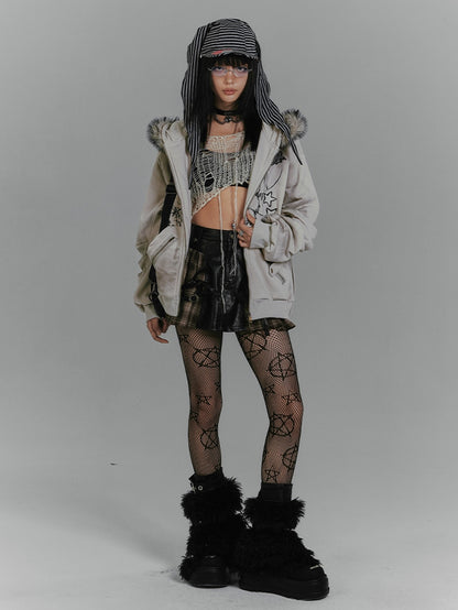 Spiderweb and Skeleton Print Gray Punk Rock Bunny Ears Fleece Zip Hoodie