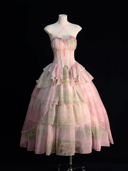 Light Pink Fairy Oil Painting Print Tiered Flounce Hem Halter Boned Corset Top