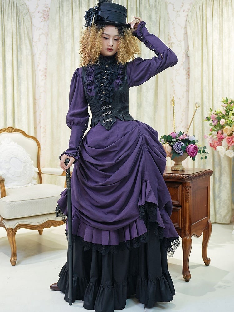 Victorian Bustle Historical Costume - Purple Shirt + Black Boned Waistcoat +Skirt+Black Lace Tie