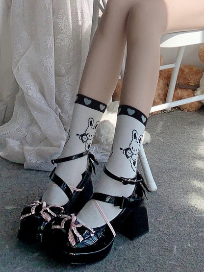Black and Pink Bow at Top High Block Heel Mary Janes Buckle Ankle Strap