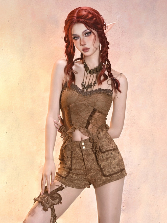 Sand Brown Wasteland Punk Denim Hot Shorts with Butterfly Garter and Tassel Belt