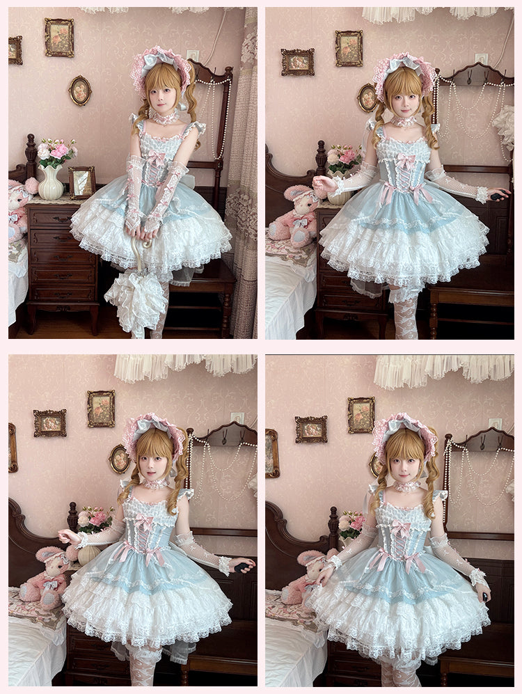 Light Blue Flutter Sleeves Three-layered Tiered Skirt Balletcore Sweet Lolita Jumper Skirt
