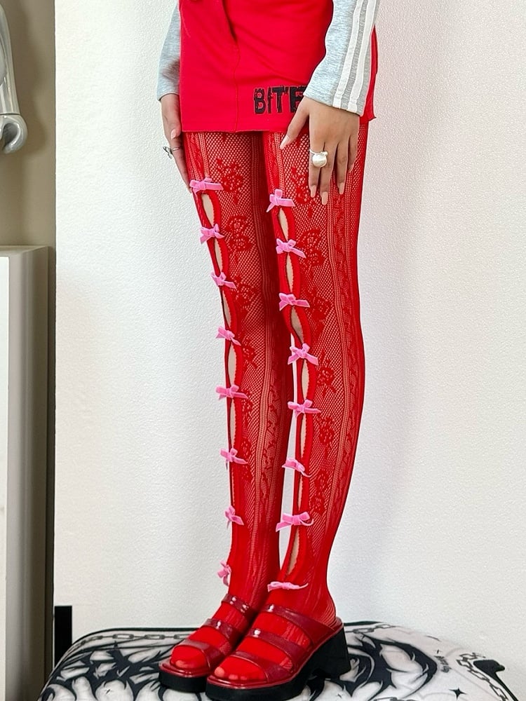 4 Color Options Y2K Bowknot Details Cut-out Design Tights