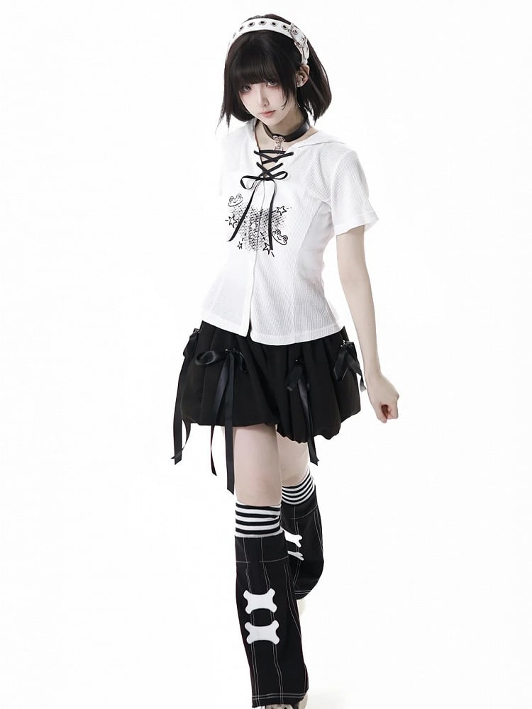 Elastic Cuffs Bone Appliques Black Leg Warmers