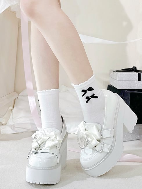 Polished White Jirai Kei Cross Chain Decorated Bow Rhinestoned Buckles Platform Loafers