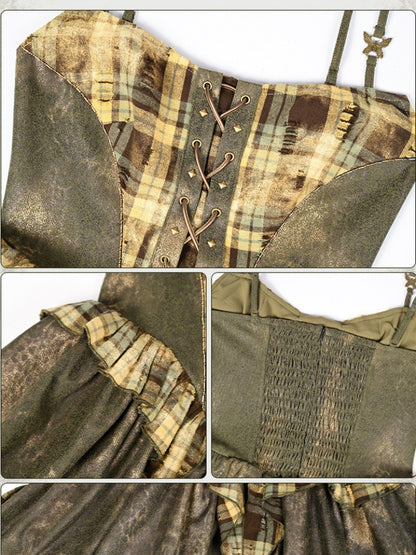 Green Plaid Handkerchief Hem Cami Dress with Lace-up Detail at Front