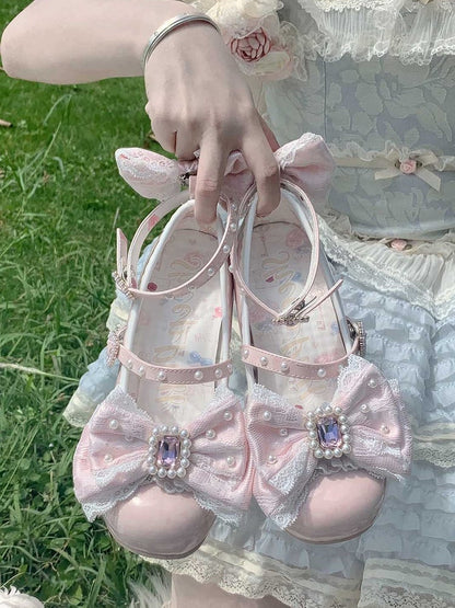 Polished Dusty Pink Detachable Rhinestone And Beaded Decorated Bowknot Lace Trim 4.5CM Block Heels Shoes