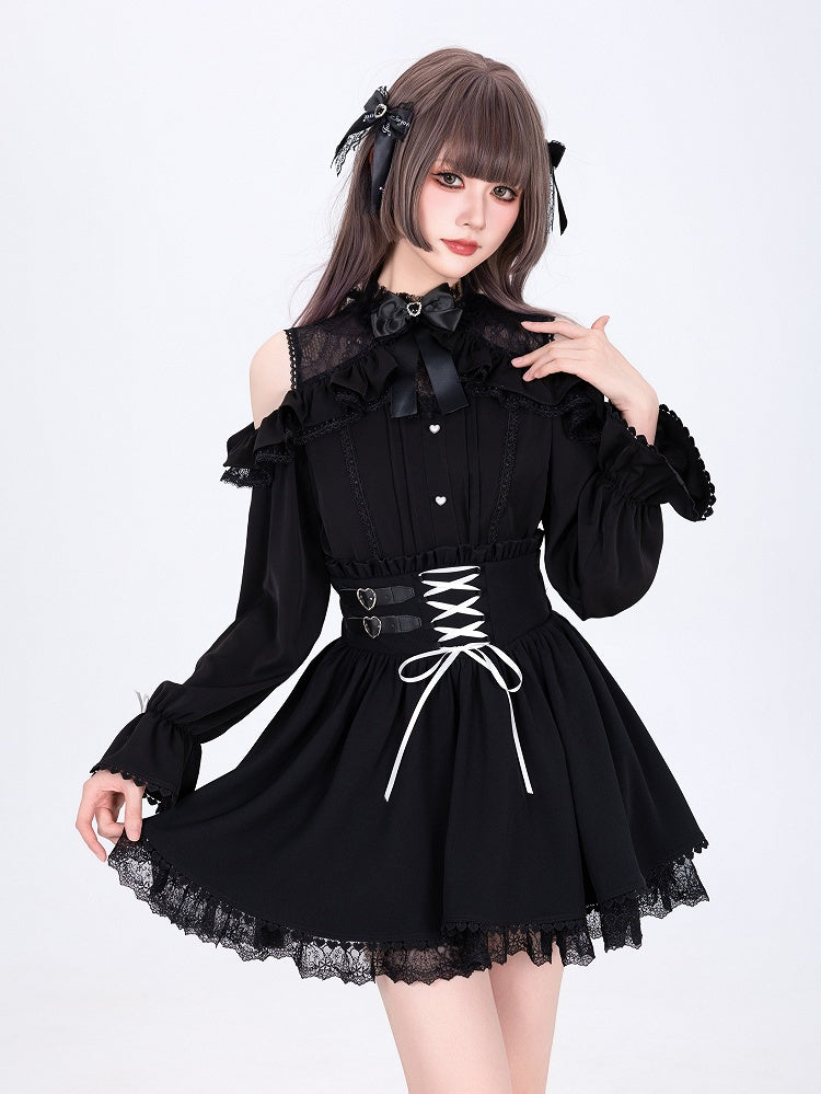 Jirai Kei High Waist Black Skirt Shirring Back Lace-up Front