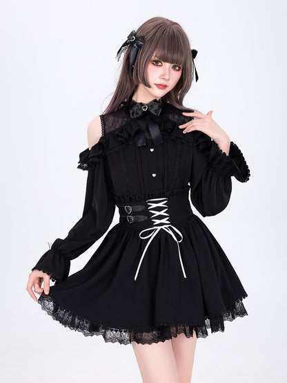 Jirai Kei High Waist Black Skirt Shirring Back Lace-up Front