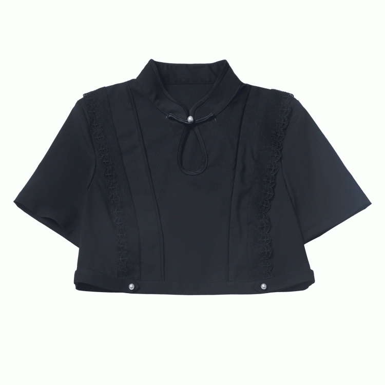 Black Cheongsam Collar Bead Details Short Sleeves Top