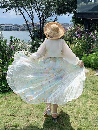 Plus Size Lace Patches Hem Oil Painting Print White Holiday Cami Dress