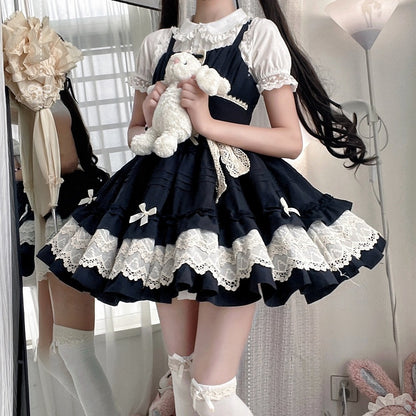 Black Pleated and Ruffle Trim Skirt Summer Lolita Jumper Skirt