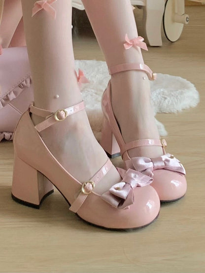 PU Pink Elegant Lolita Mary Janes - High Block Heel & Heart-Adorned Bow