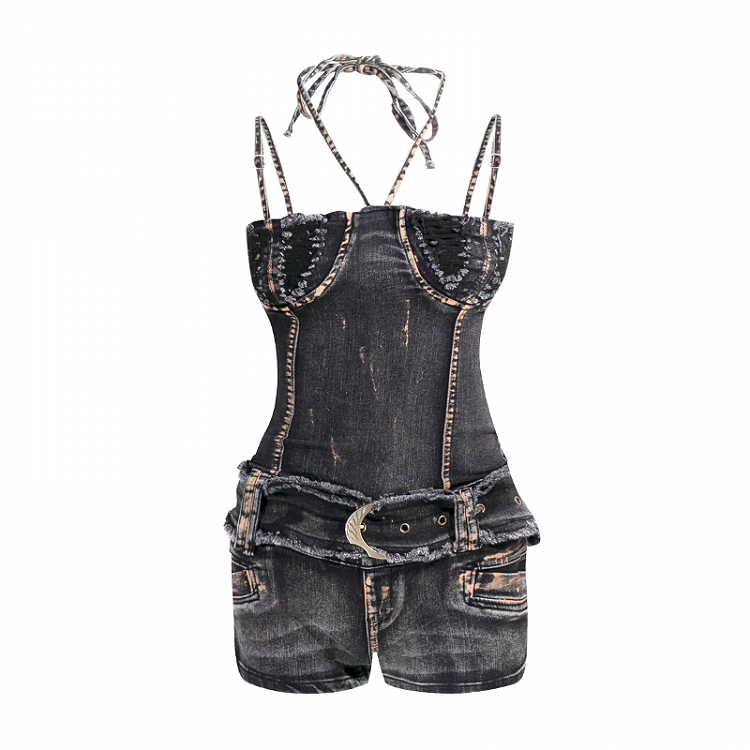 Y2K Black Distressed Design Denim Bodycon Jumpsuit with Buckle Belt