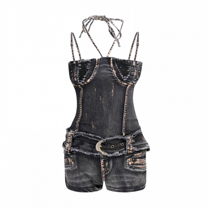 Y2K Black Distressed Design Denim Bodycon Jumpsuit with Buckle Belt