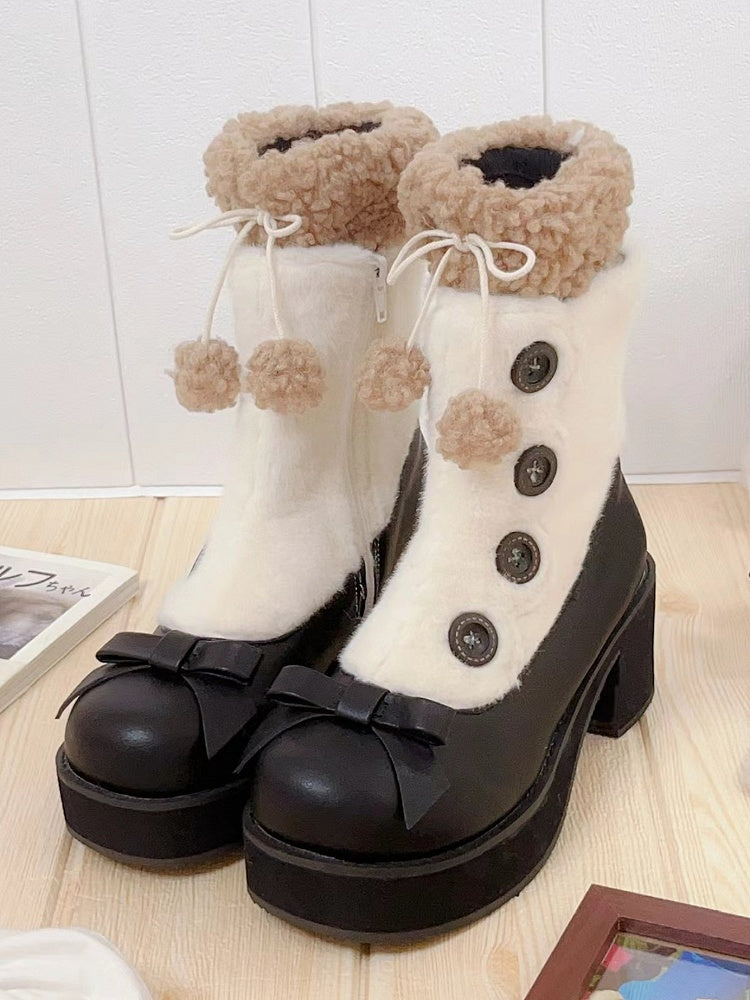 Fleece Lining with Button Embellishments & Functional Inner Zip Design 4cm/6cm Black & White Winter Boots in Elegant Lolita