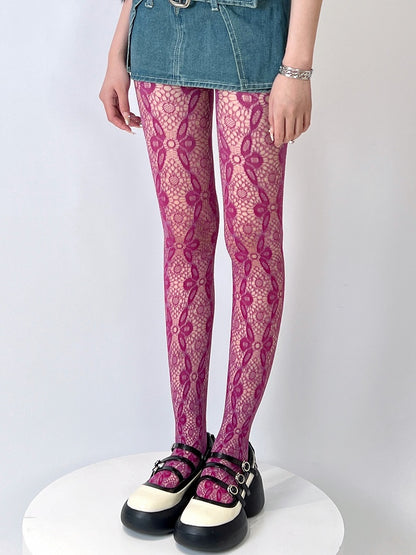 Rose Red Hollow-out Design Floral Pattern Tights