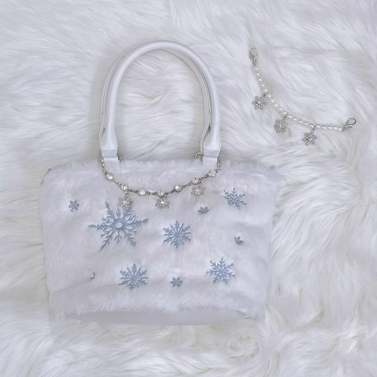Light Blue Snowflake Embroidery Plush Tote Bag with Beaded Chain / Rhinestone Chain