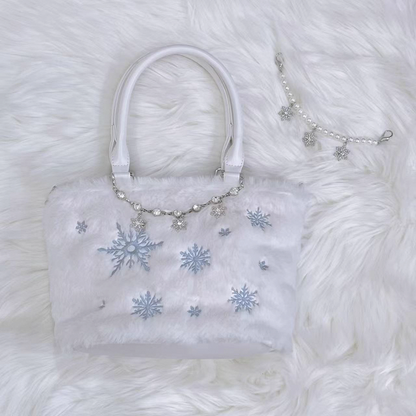 Light Blue Snowflake Embroidery Plush Tote Bag with Beaded Chain / Rhinestone Chain