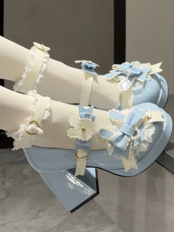 Polished Blue Sweet Lolita Bunny Decorated Bowknot Details Lace Trim Platform High Block Heels