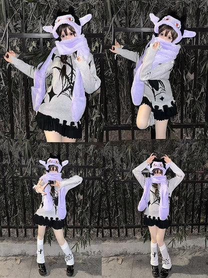 Black and Purple Vampire Gothic Winter Plush Hat with Scarf Gloves