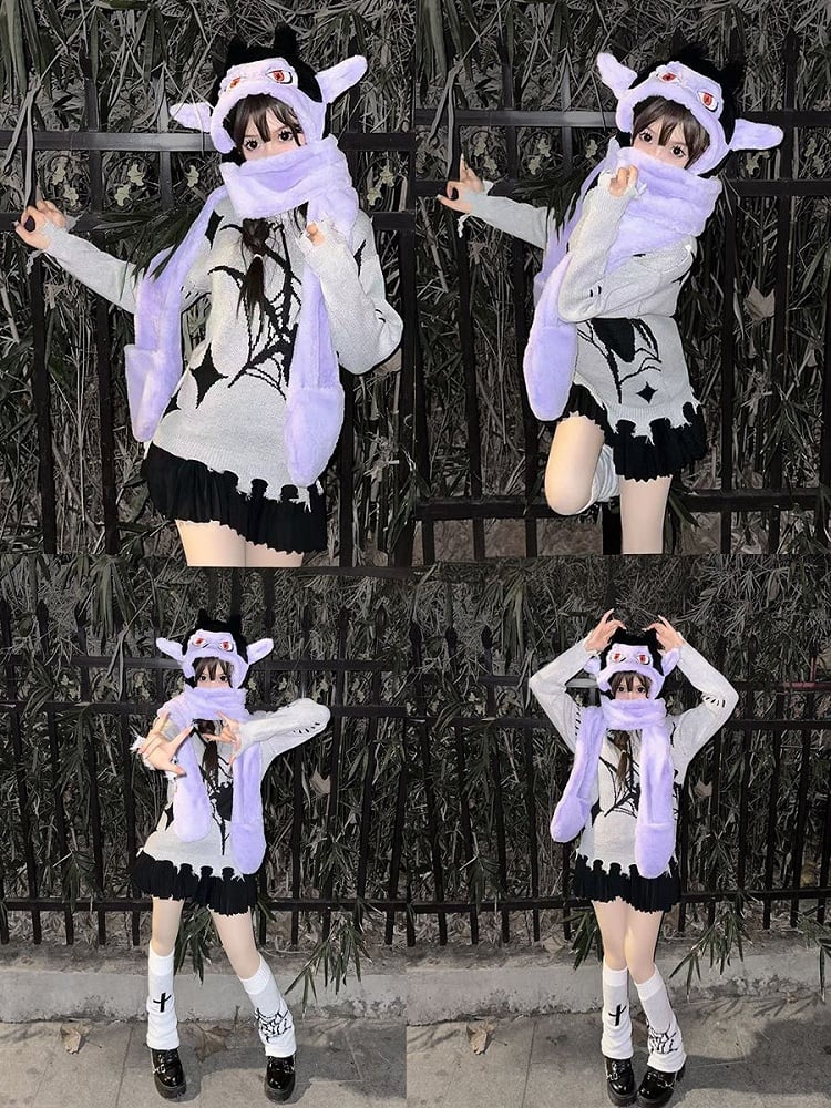 Black and Purple Vampire Gothic Winter Plush Hat with Scarf Gloves