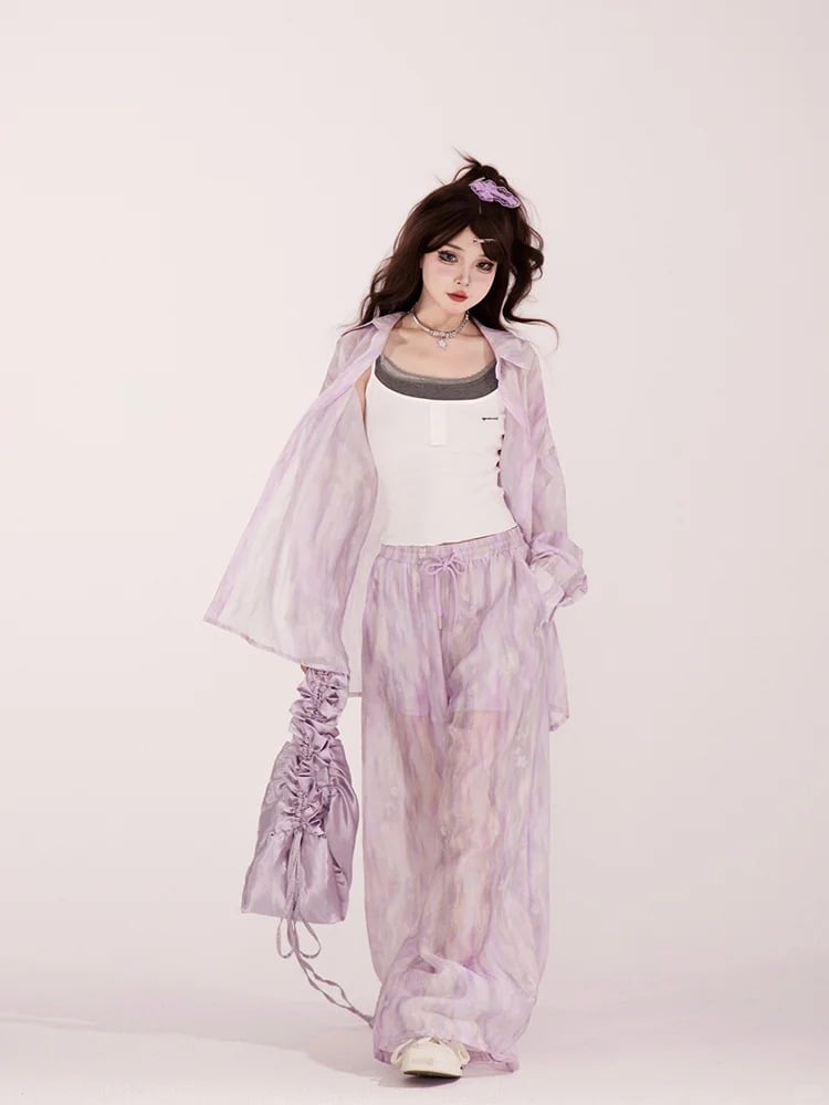 Light Purple Loose Shirt / Drawstring Waist Wide-leg Casual Pants