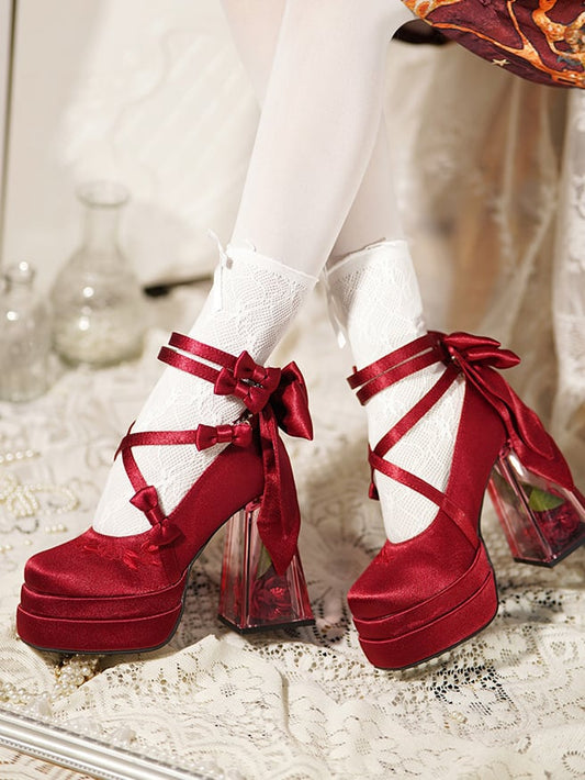 Red Camellia Flower High Block Heel Elegant Platform High Heels