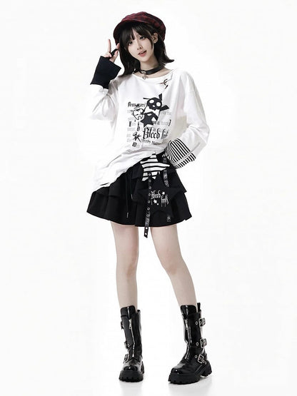 Black Tiered Drawstring Skirt with Strap and Star Applique Accents