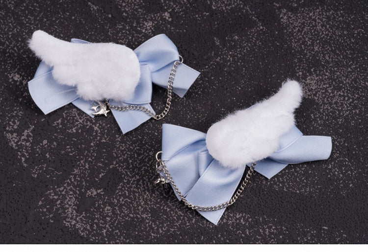 Star Charm Handmade Plush Angel Wings White and Blue Bowknot Hairclips