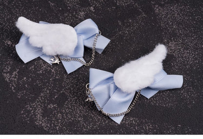 Star Charm Handmade Plush Angel Wings White and Blue Bowknot Hairclips