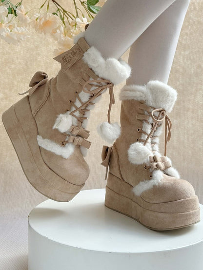 Light Brown Sweet Lolita Platform Boots with Cozy Fleece Lining, Lace-up Closure & Bow Details