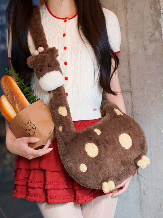 Brown Plush Giraffe Crossbody Bag