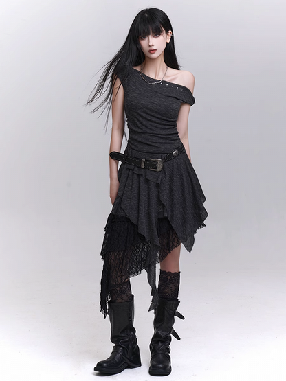 Studded Asymmetrical Neckline Cascading Ruffles Dress with Buckle Belt