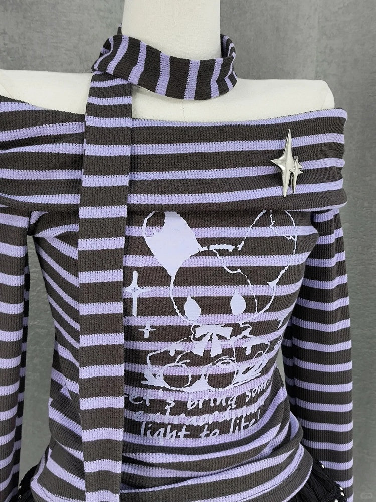 Y2K Off-the-shoulder Neckline Purple and Gray Striped Top with Free Scarf