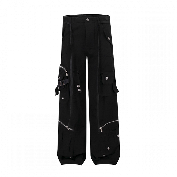 Black Low Waist Cargo Pockets Zipper Details Wide-leg Pants