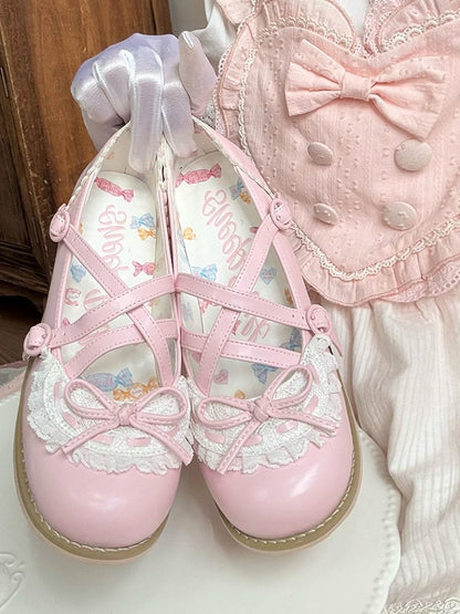 Pink Crisscross Design Lace Trim Bow at Top Lolita Shoes