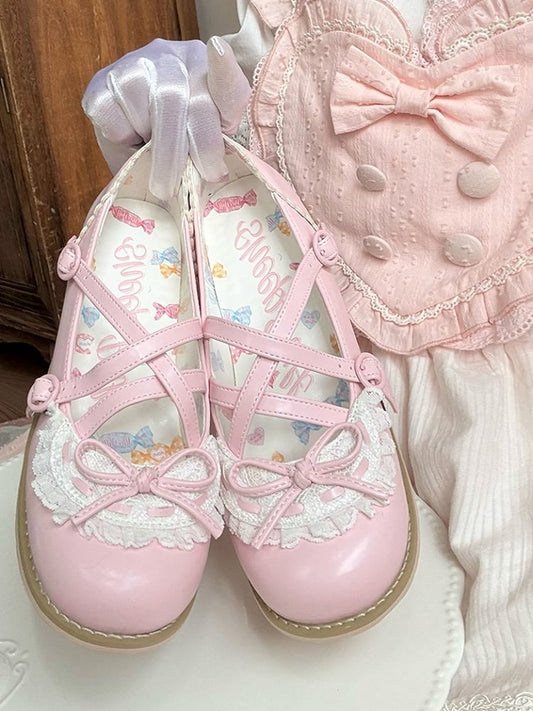 Pink Crisscross Design Lace Trim Bow at Top Lolita Shoes