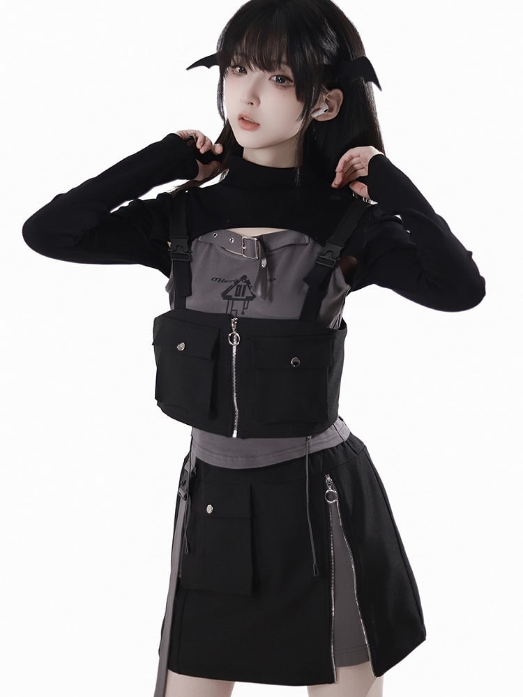 Buckle Strap Neckline Lace-up Side Gray Techwear Tank Top