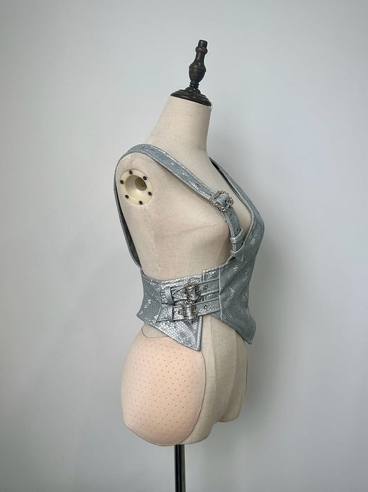Silver Buckle Straps Asymmetrical Design Snakeskin-grain Leather Waistcoat