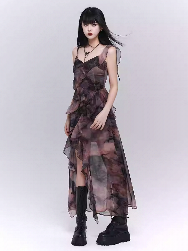 Purple/Dark Gray Butterfly Tie Dye Asymmetrical Flounce Hem Slip Dress