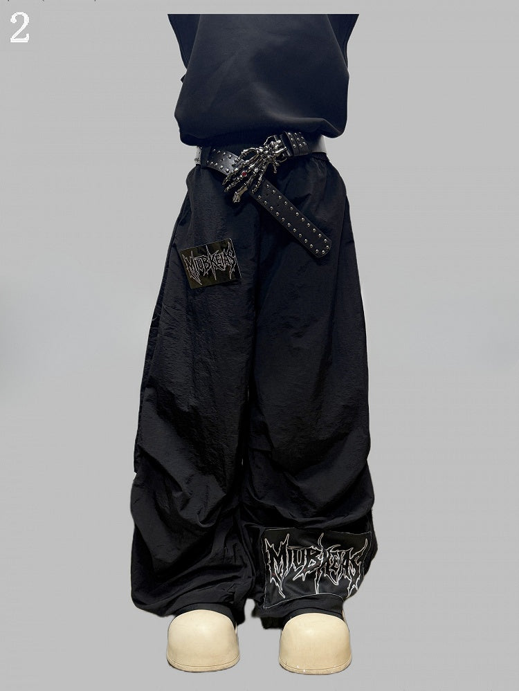 Black Letter Decorated Wide-leg Cut Pants