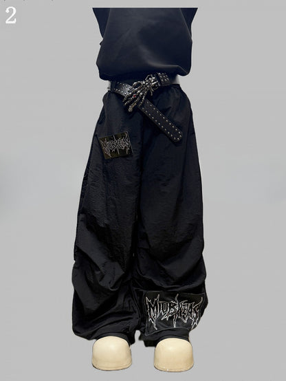 Black Letter Decorated Wide-leg Cut Pants